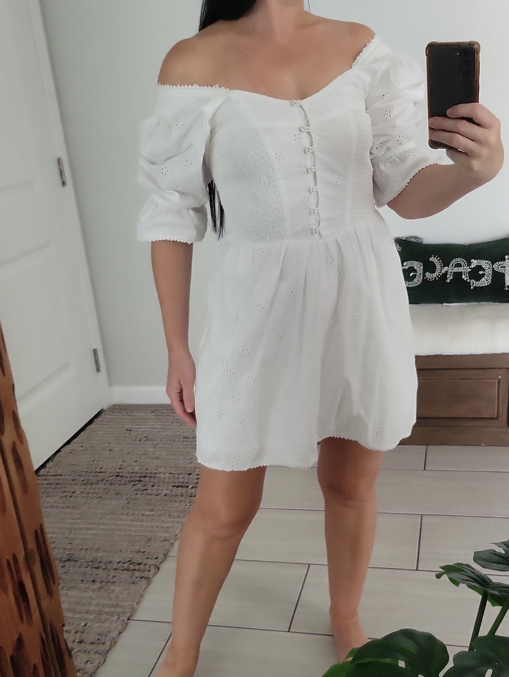 Spell White Off-Shoulder Eyelet Mini Dress